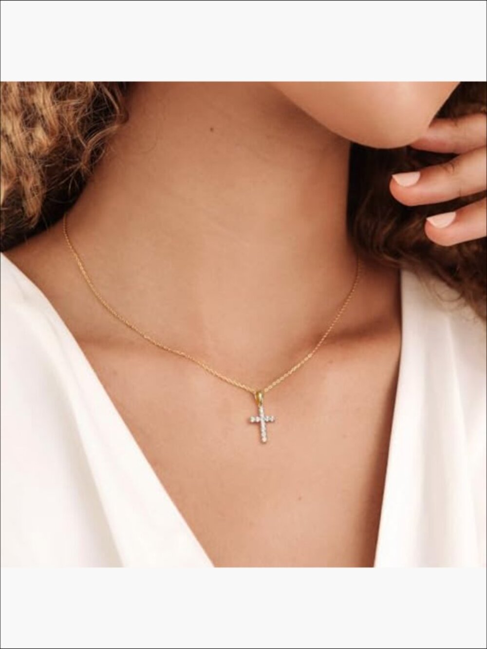Moissanite Cross Pendant Necklace 14K Gold Plated Sterling Silver - Picture 3 of 7